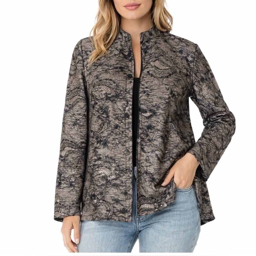 CHICO'S Lace-Embellished Jacket Delicate black lace overlay blazer SZ 0 (SM)